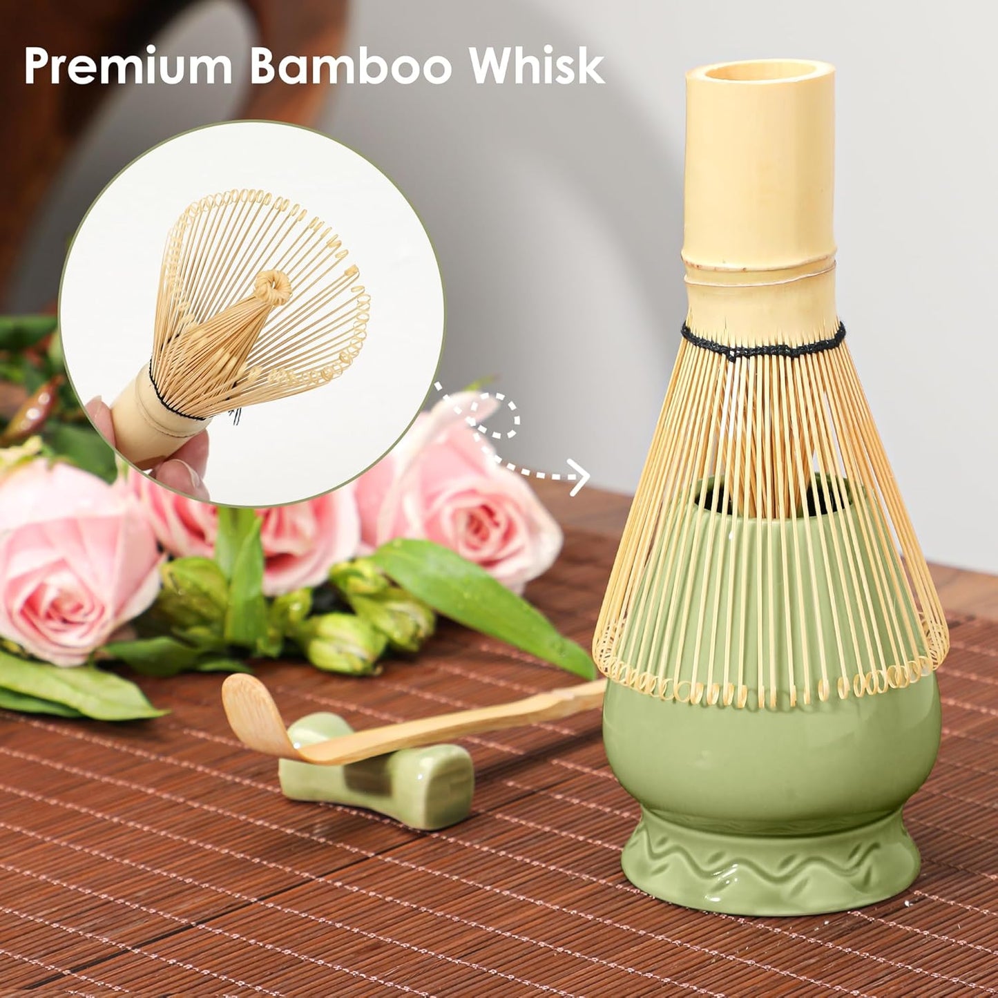 Matcha Whisk Set Matcha Kit - 7 Pcs Japanese Tea Set Includes Matcha Bowl with Spout,Bamboo Whisk with Ceramic Holder,Bamboo Scoop and Rest,Sifter,Tea Towel, for Ceremony Matcha Lovers Gift,Green