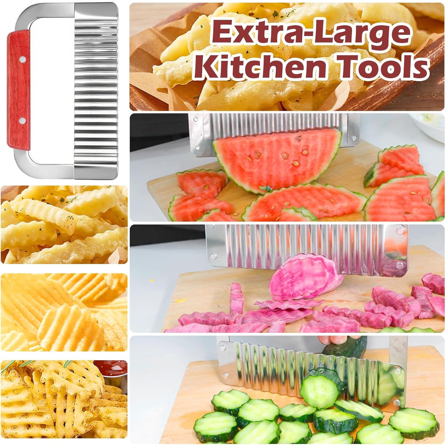JAYVAR Extra-Large Crinkle Cutter Wave Potato Slicer – Stainless Steel French Fry Cutter for Restaurants, Waffle Slicing Tool, Crinkle Chopping for Potatoes, Kitchen Veggie Cucumber Slicer with Handle