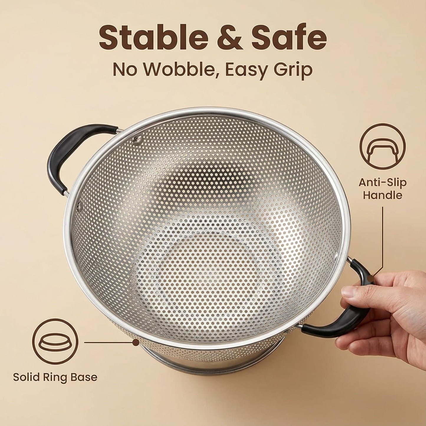 304 Stainless Steel Colander, Micro-Perforated 3-Quart Strainer with Base, Dishwasher Safe. Great for Pasta, Noodles, Vegetables & Fruits