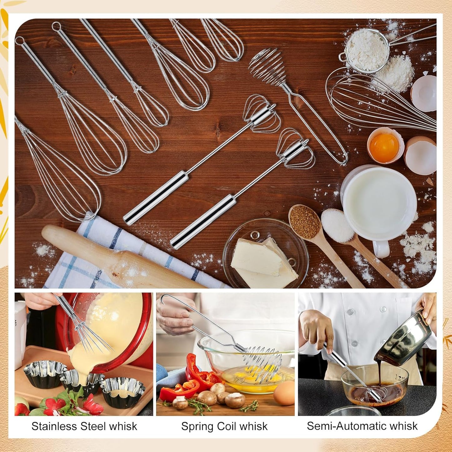Teenyyou 10 Pcs Stainless Steel Whisks Set Egg Beater Semi Auto Whisk Blender Hand Push Beater Versatile Utensil for Kitchen Mixing Blending Beating Stirring Cooking 3 5 6 7 8 10 12 Inch