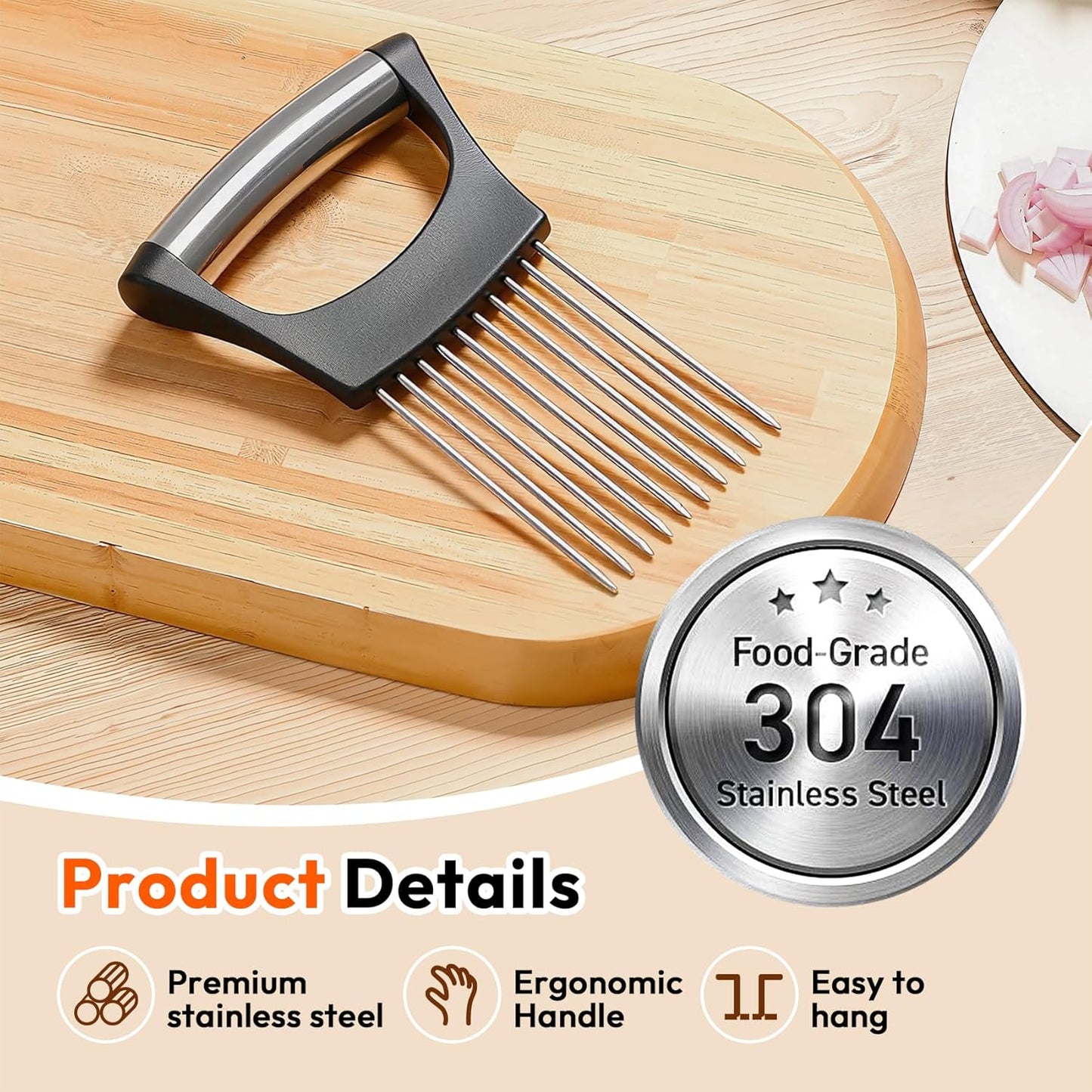 Onion Slicer, Stainless Steel Onion Holder for Slicing with Protective Case, Onion Cutter Tool for Meat Lemon Potato Tomato Avocado Egg Kitchen Slicing Assistant Tool (1 PCS)
