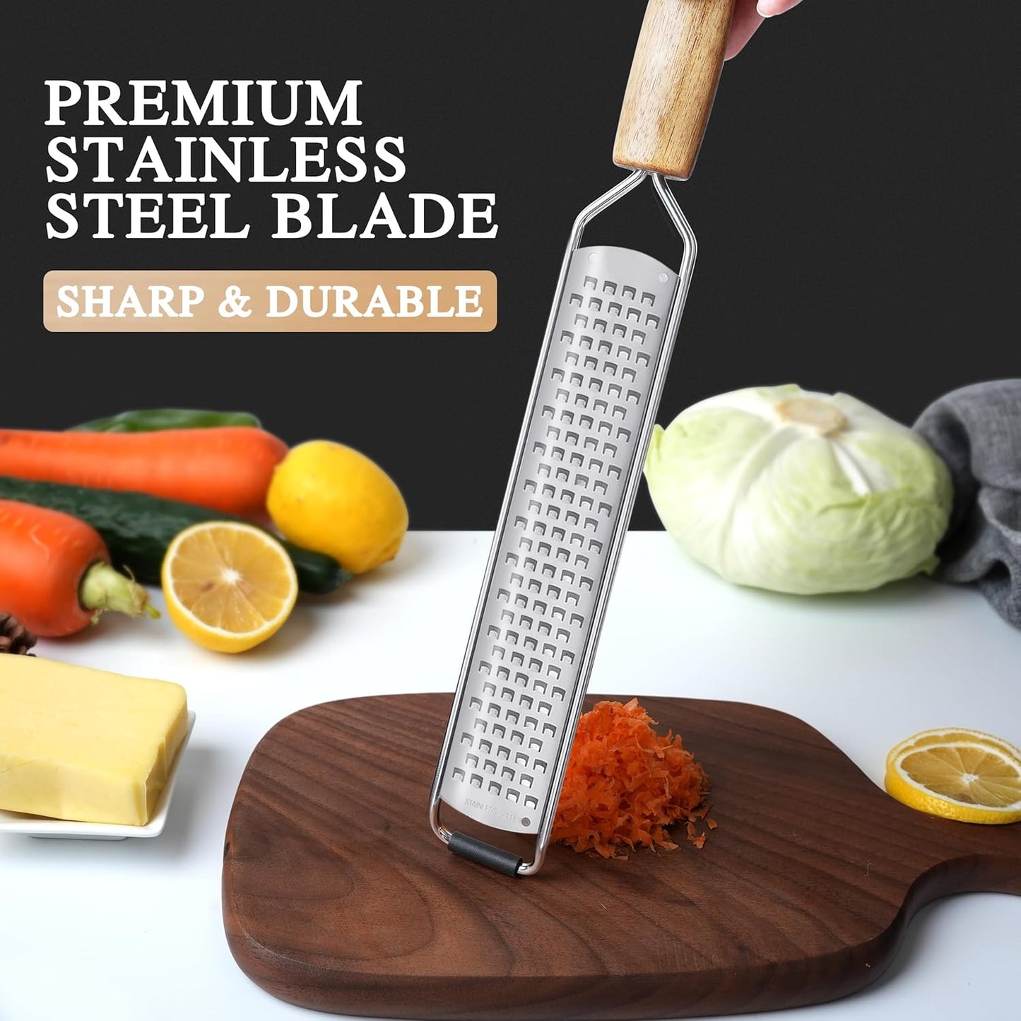 Lemon Zester, Stainless Steel Kitchen Cheese Grater, Plastic Cover Ergonomic Soft Black Handle