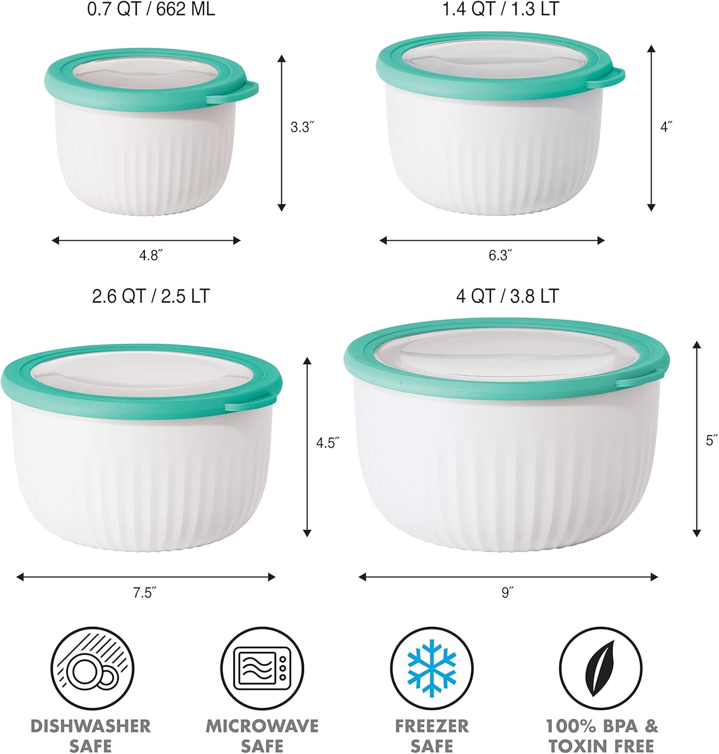 Oggi Prep, Store & Serve Plastic Bowl w/See-Thru Lid- Dishwasher, Microwave & Freezer Safe, (4 qt) White/Aqua