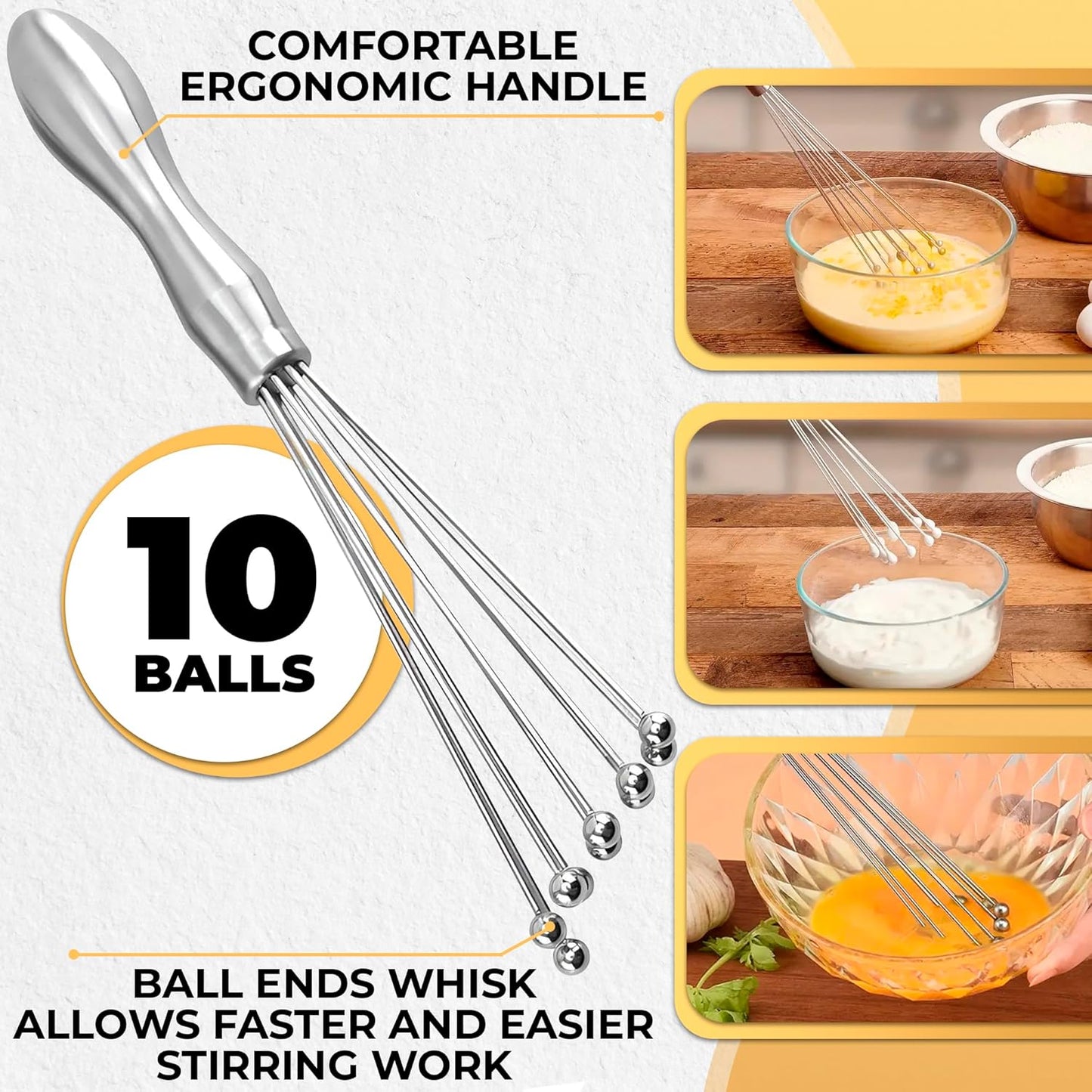 2Pcs Ball Whisk Set — Stainless Steel Whisk Set with Comfortable Ergonomic Handle | Excellent for Eggs, 10 Ball Head, Easy to Clean — Compact 12” & 10” for Versatile Stirring