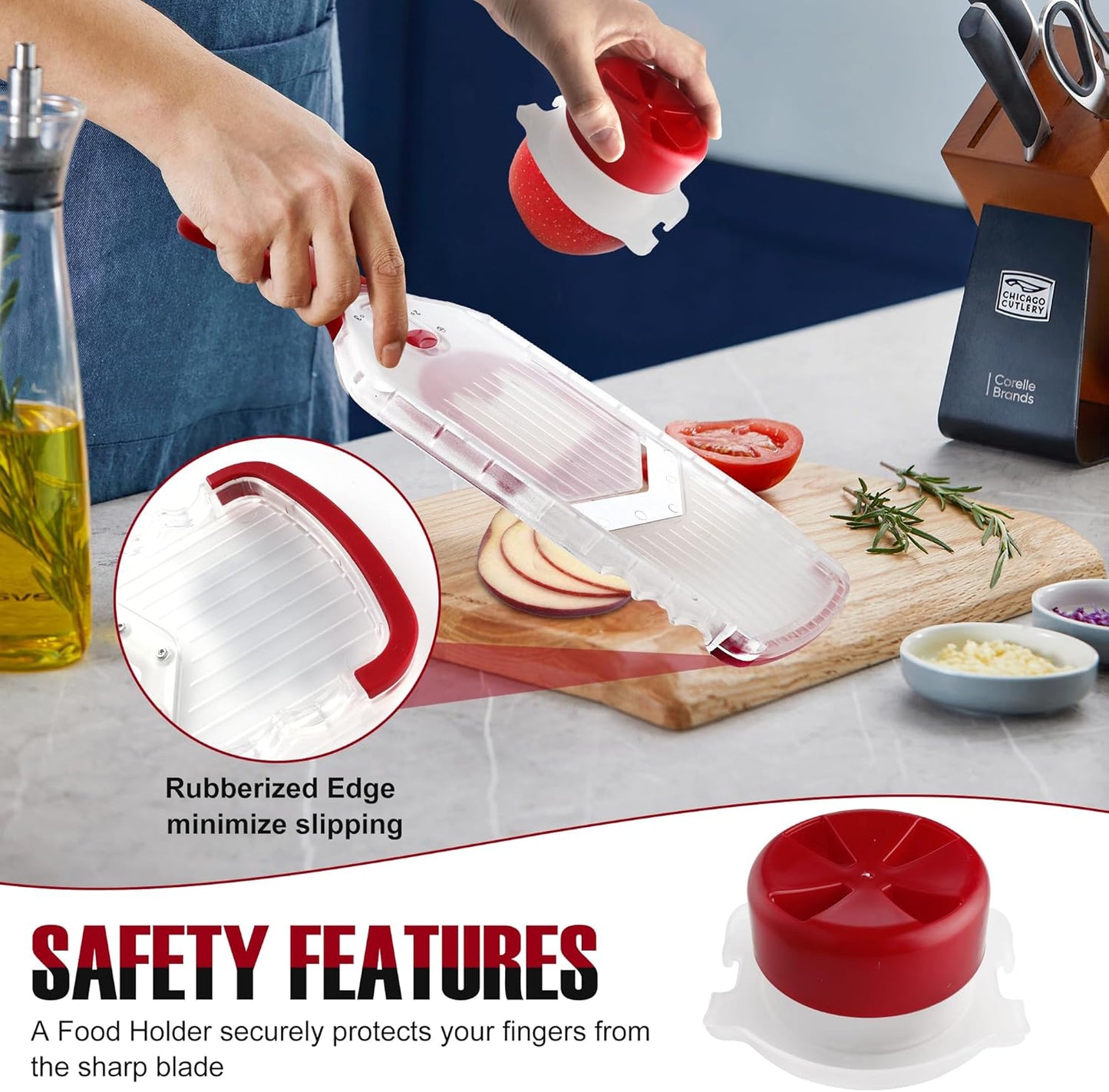 Mandoline Slicer with Hand-Held, Vegetable Slicer with Food Holder， Adjustable Stainless Steel Blade, Comfort Grip, Easy to Clean, Ideal for Speedy Slicing of Fruits and Vegetables