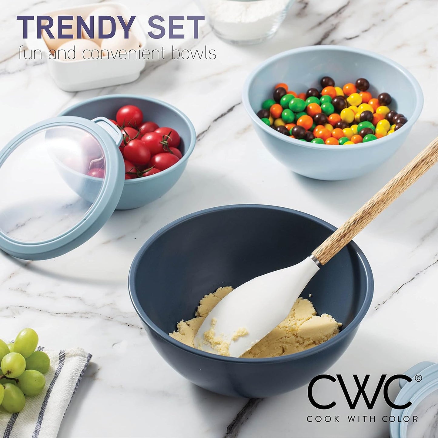 COOK WITH COLOR Mixing Bowls with Lids - 12 Piece Plastic Nesting Bowls Set includes 6 Prep Bowls and 6 Lids, Microwave Safe Mixing Bowl Set, Black Embossed - Colors A