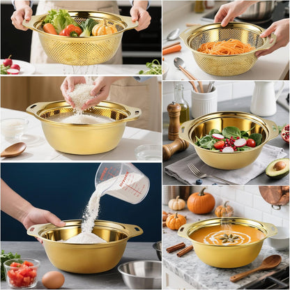 Colander 304 Stainless Steel 3-quart with Mixing Bowls, Strainer for Kitchen Food For washing vegetables, fruit, rice, Dishwasher Safe. (2PC)