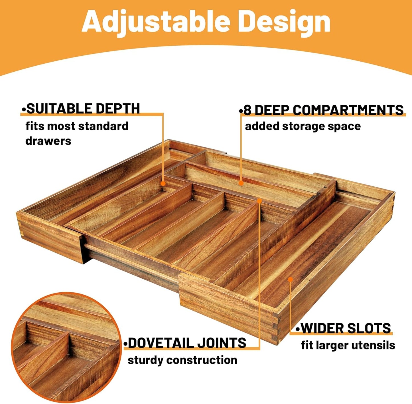 KITEISCAT Acacia Wood Expandable Silverware Organizer, Kitchen Utensil Drawer Organizer for Forks & Spoons, 8-Compartment Cutlery Tray, Flatware Holder