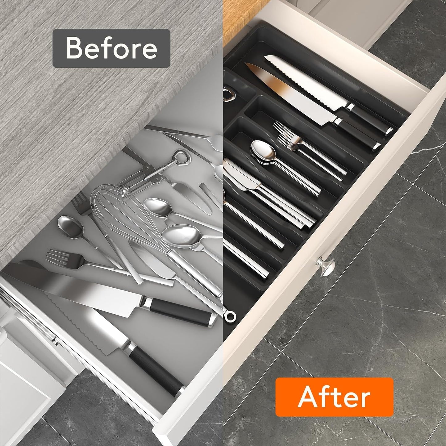 Lifewit Silverware Drawer Organizer, Expandable Utensil Tray for Kitchen, BPA Free Flatware and Cutlery Holder, Adjustable Plastic Storage for Spoons Forks Knives, 11-18 x 14", Black