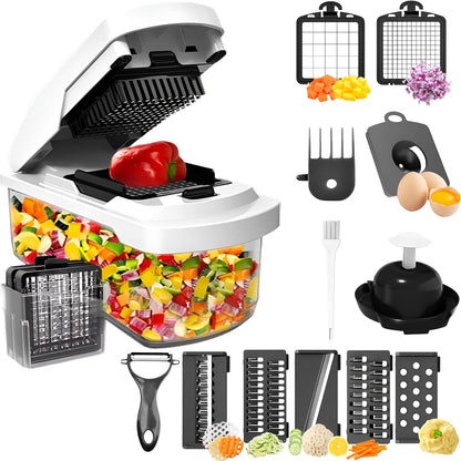 Vegetable Chopper with Container - 15-in-1 Mandoline Slicer, Food Dicer, Onion Cutter & Cheese Grater - Manual Veggie Chopper with Storage, Stainless Steel Blades