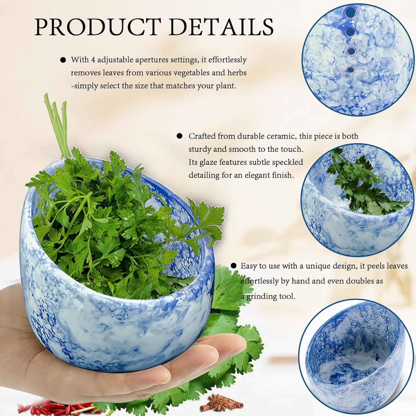 Efficient Ceramic Herb Stripper Bowl Pottery Herb Stripping Tool, Kitchen Leaf Removal Tool for Kale, Chard, Cilantro, Thyme, Basil, Parsley & Rosemary