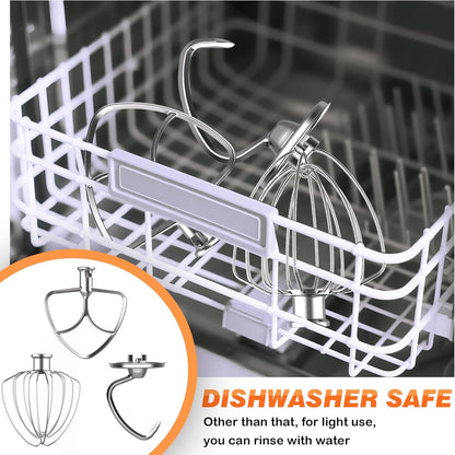 3 Pack Mixer Attachments Set for KitchenAid 4.5-5 Quart Tilt-Head Stand Mixers, Replacement Parts Kit with K45DH Dough Hook, K45B Coated Flat Beater, Stainless Steel K45WW Wire Whip, Dishwasher Safe