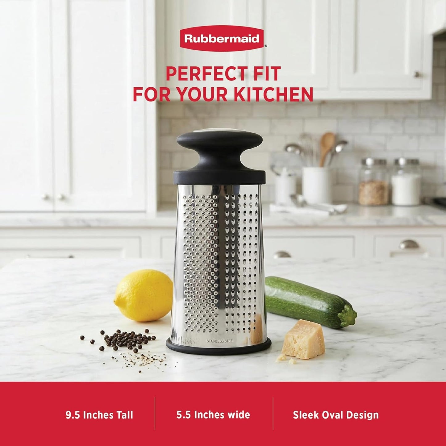 Rubbermaid Stainless Steel Cheese Grater - 9.5" Oval Handheld Box Grater with EZ Grip Handle - Multi-Surface Food & Cheese Shredder | Zester & Graters for Kitchen - Dishwasher Safe, Black