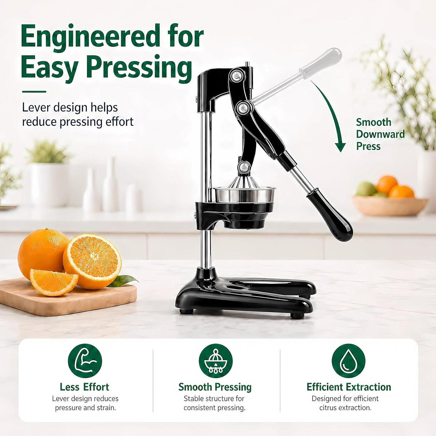 Professional Cast Iron Manual Citrus Juicer - Heavy Duty Hand Press for Orange, Lemon, Lime, Pomegranate - High Yield Juice Presser, Stable Countertop Design, Easy to Clean (BLACK)