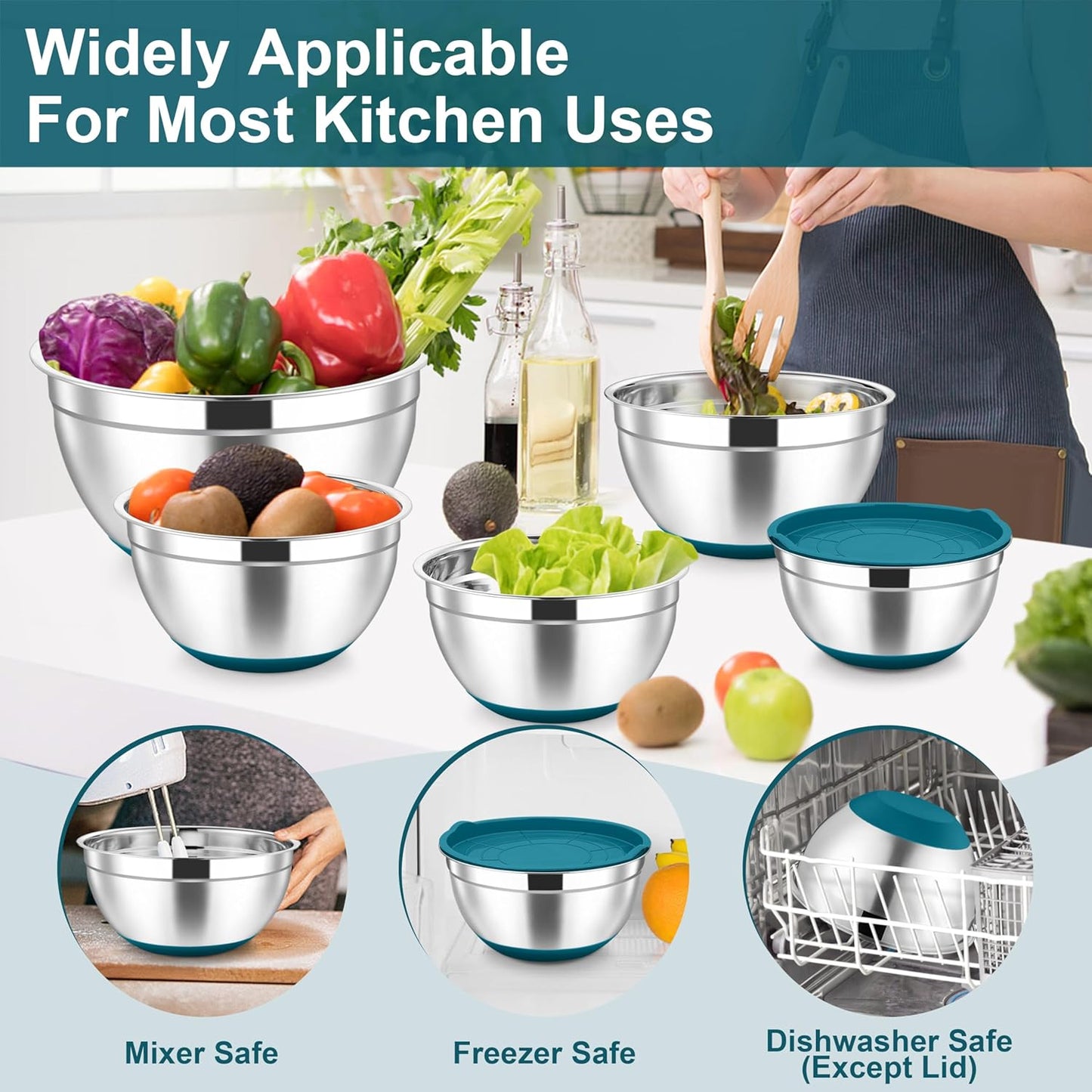 TeamFar Mixing Bowls, 6 PCS Stainless Steel Nesting Salad Bowl with Lids & 3 Graters, For Kitchen Cooking Serving Prepping, Airtight & Non-Slip, Size 4.6/3.5/2/1.5/1/0.7 QT, Black
