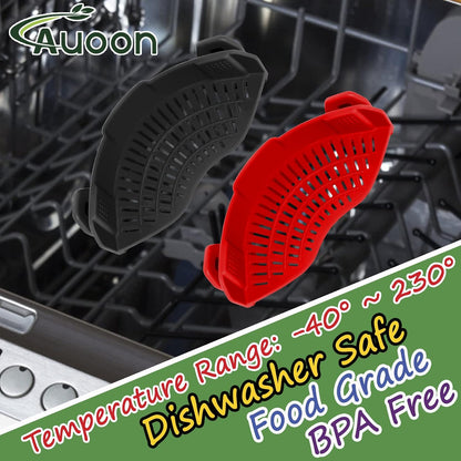 2PACK AUOON Clip on Strainer for All Pots Pans - Silicone Pasta Strainer Kitchen Colander for Draining Noodles Spaghetti Ground Beef Grease｜Easy to Use and Store, Dishwasher Safe (BlackGreen)