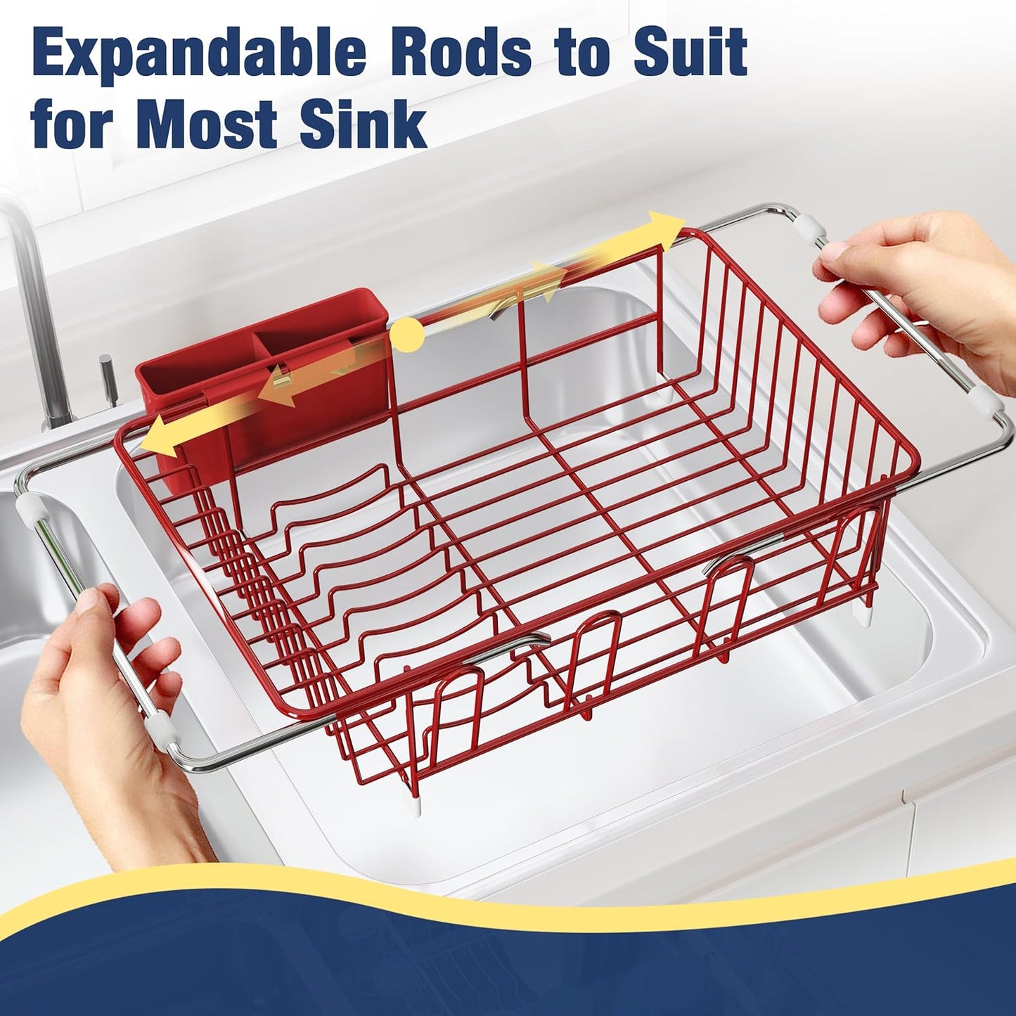 JASIWAY Roll Up Dish Drying Rack, Expandable (12.8"-23.8" D x 12.8" W) Stainless Steel Portable Drainer for Kitchen Sink Counter, Foldable Over The Sink Cover with Removable Utensil Holder