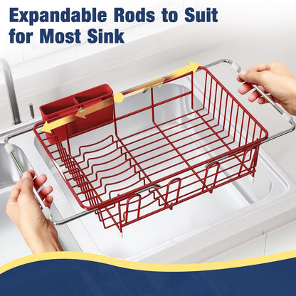 JASIWAY Roll Up Dish Drying Rack, Expandable (12.8"-23.8" D x 12.8" W) Stainless Steel Portable Drainer for Kitchen Sink Counter, Foldable Over The Sink Cover with Removable Utensil Holder