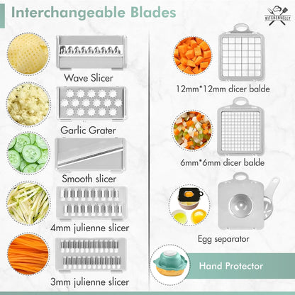 Vegetable Chopper 16 in 1 with Container, Veggie Chopper Food Chopper and Dicer, Onion Chopper Vegetable Cutter with 8 Stainless Steel Blades, Easy Meal Prep Kitchen Tool, Green