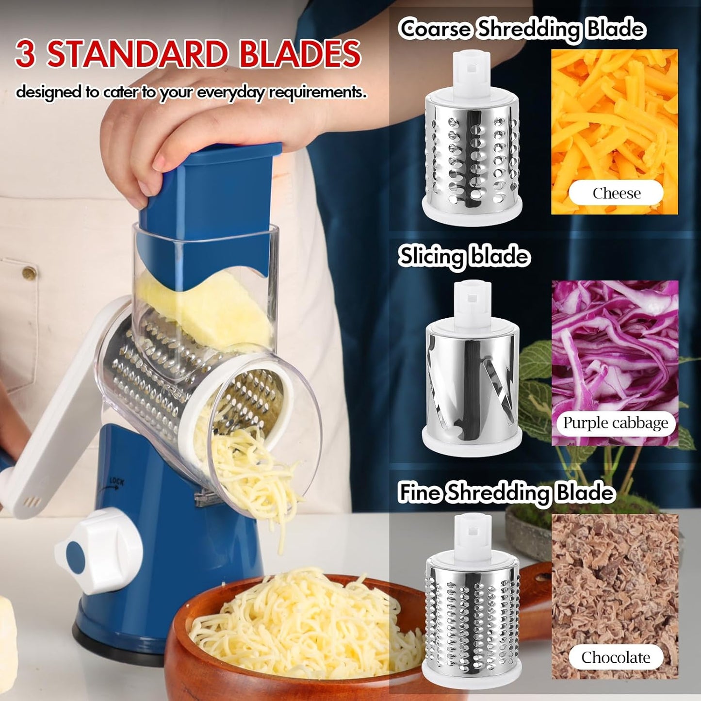 Ourokhome Rotary Cheese Grater Hand Crank, Kitchen Shredder Speed Mandolin Slicer Nut Grinder with Handle and Drum Blades for Cheese, Vegetable, Walnut, Chocolate, Potato, Carrot, 3 Blades, Dark Blue