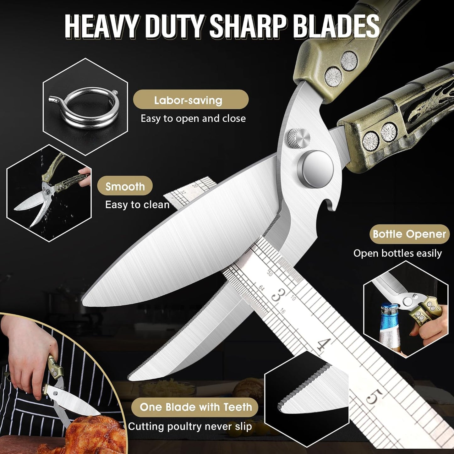 Dream Reach Poultry Shears, Heavy Duty Kitchen Shears with Serrated Edge, No Rust Spring Loaded, Multipurpose Stainless Steel Kitchen Scissors for Chicken, Bone, Meat, Turkey, Fish Thanksgiving Gifts