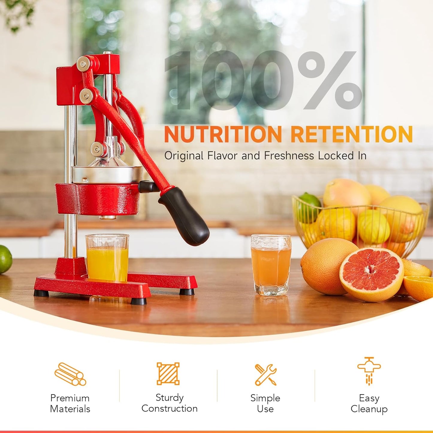 CO-Z Manual Citrus Juicer, Commercial Grade Cast Iron Orange Juicer, Professional Heavy Duty Juice Press with Removable Strainer, Manual Juice Extractor for Orange Lemon Pomegranate Citrus, Black