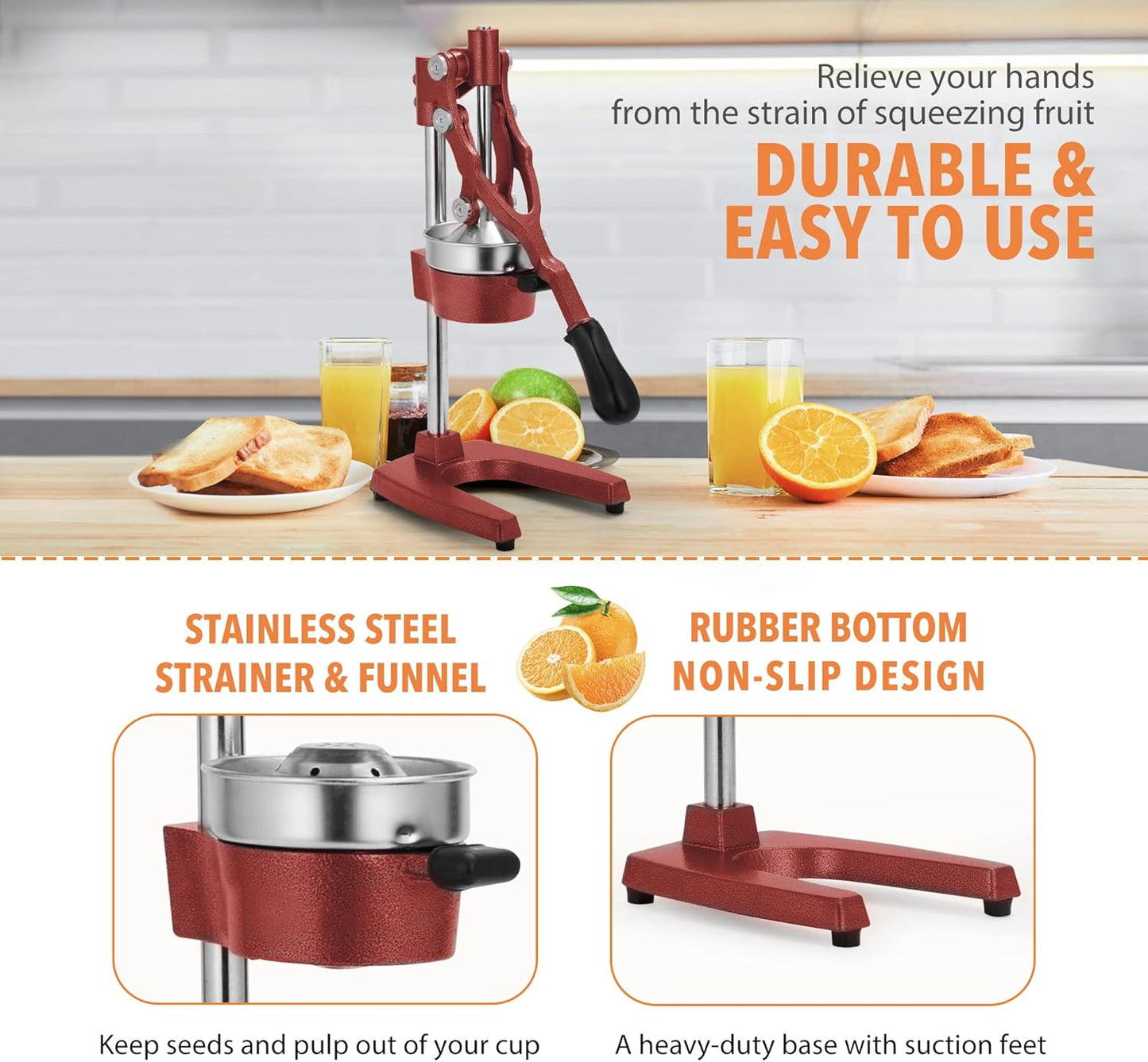 Commercial Heavy Duty Cast Iron Hand Press Manual Orange Citrus Lemon Lime Grapefruit Pomegranate Fruit Juice Squeezer Machine with Stainless Steel Cup