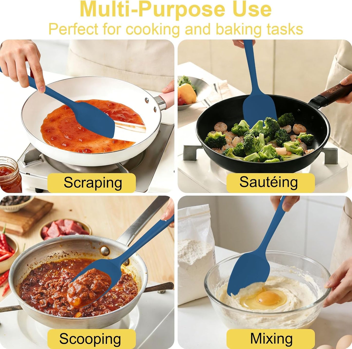 4 Pcs Silicone Spoon Spatula Set, 11.4 In, Food Grade Rubber Spatulas for Cooking, Baking, Mixing, 600°F Heat Resistant, Nonstick and Flexible Kitchen Utensils, Seamless Spoonula (Black)