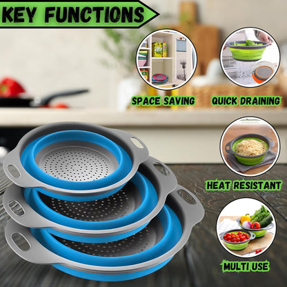 Collapsible Colander Set of 2, Foldable Silicone Pasta Strainer with Handles, 2 Pack Space Saving Kitchen Colander for Fruits,Space Saving Pasta Strainer Basket for Fruits & Vegetables