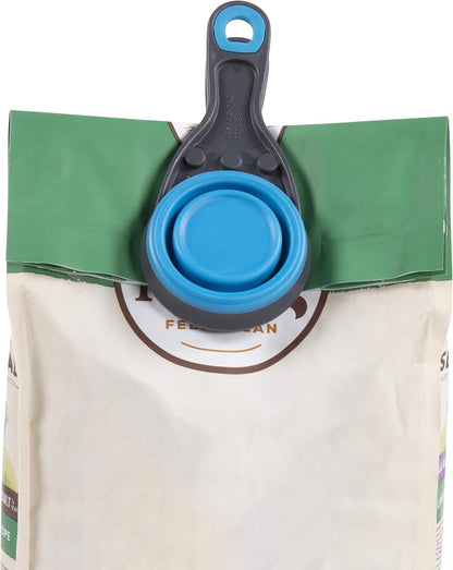 Dexas Popware for Pets Collapsible Klip Scoop, 3 in 1 Design Convenient Measuring Cup, Food Scooper and Bag Clip, 1Cup Capacity Pet Food Scoop, Versatile Food Measuring Cups Portion Control Gray/Blue