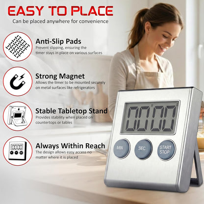 Digital Kitchen Timer for Cooking, Magnetic Countdown Timer with Loud 80dB Alarm, Large Display, Adjustable Stand, Auto Memory, Stop Watch for Classroom, Study, Kids - Silver