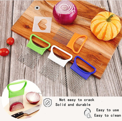 YVPSI 4pcs Onion Holder Slicer with Cover Stainless Steel Onion Cutter Vegetable Chopper Tomato Potato Slicer Cutter Food Slicer Assistant Tool for Tomato Lemon Avocados Vegetables Fruit and Meat