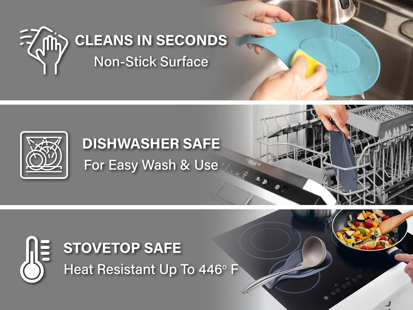 Silicone Spoon Rest for Stove Top Set of 2 – HEAT RESISTANT DISHWASHER SAFE Kitchen Utensil Holder for LARGE Utensils - Won’t Break - Non-Slip - Ideal for Glass & Induction Cooktops - for Home Cooks