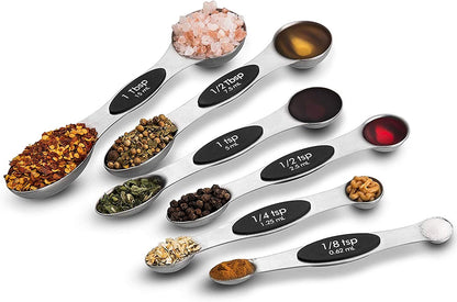 NutriChef 6-Piece Magnetic Measuring Spoon Set - Stainless Steel Stackable Dual Sided Nesting Teaspoon to Tablespoon For Dry & Liquid Ingredients, Stylish, Rustproof & Easy-to-Clean - Silver