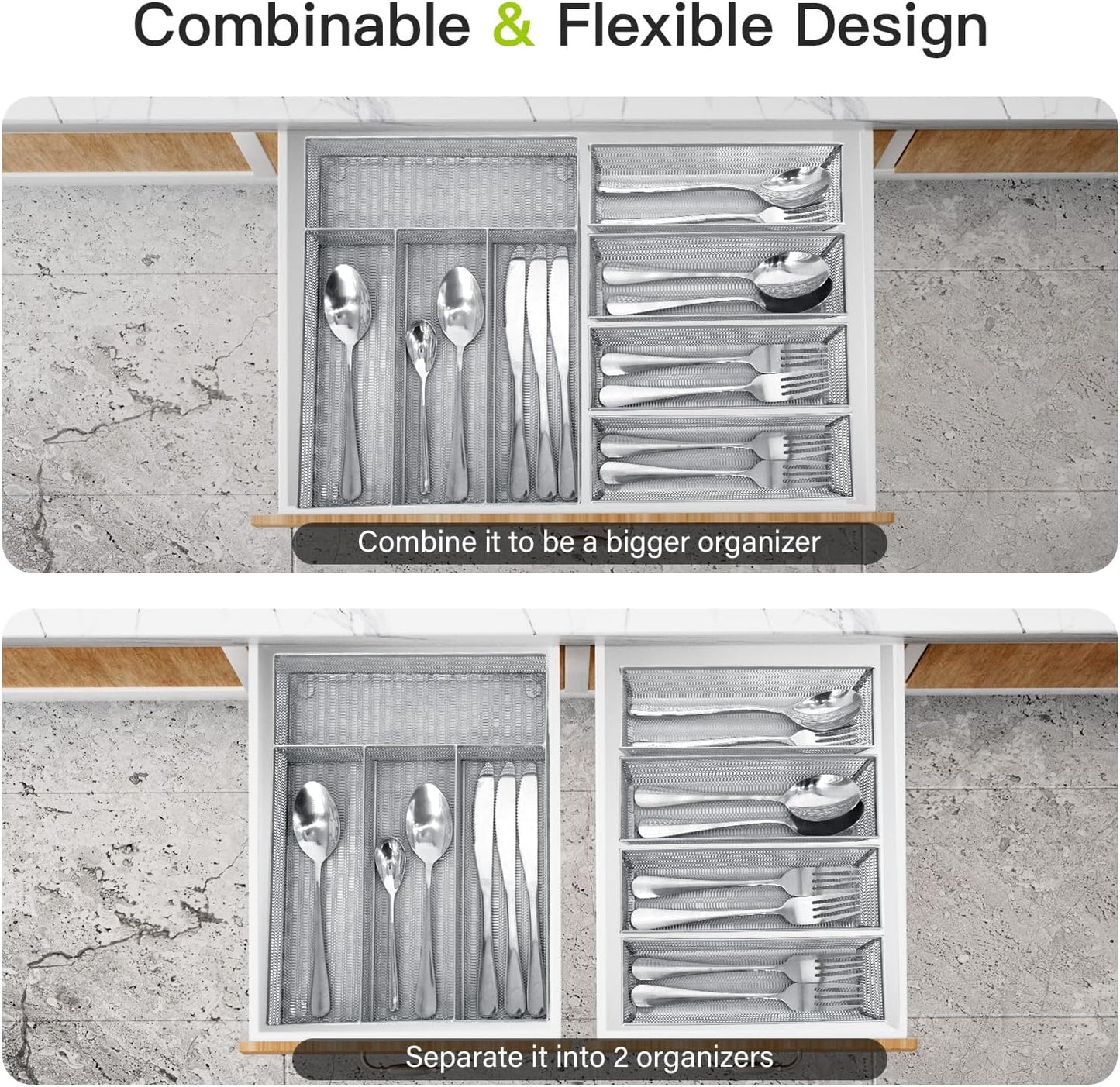Neudeco Silverware Drawer Organizer - 5 Compartment Cutlery Tray with Non-Slip Feet, Mesh Wire Flatware Storage Divider for Kitchen, Bedroom, Living Room (Silver)