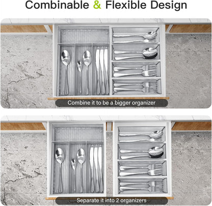 Neudeco Silverware Drawer Organizer - 5 Compartment Cutlery Tray with Non-Slip Feet, Mesh Wire Flatware Storage Divider for Kitchen, Bedroom, Living Room (Silver)
