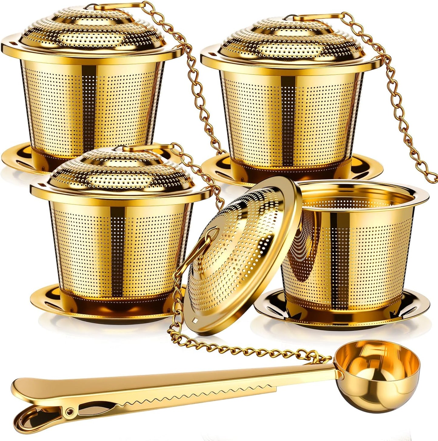 Umigy 4 Pcs Tea Infuser Strainers for Loose Tea with Scoop, Extra Fine Mesh Steeper 304 Stainless Steel Diffuser Leaf Holder with Extended Chain Hook for Brew, Spices, Seasoning, Silver