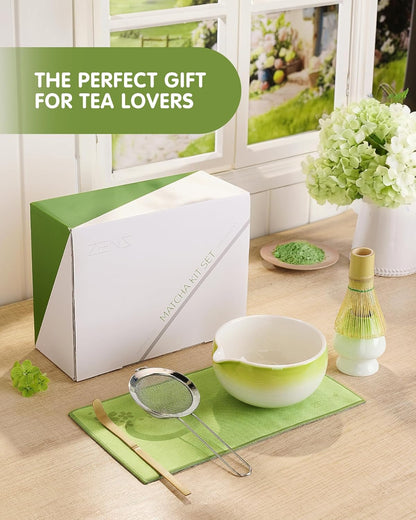 ZENS Pink Matcha Set, Matcha Whisk Set Includes 15oz Ceramic Bowl & (Chasen Holder), Bamboo Whisk & Scoop, Sifter and Pink Tea Towel, 6pcs Matcha Kit for Matcha Lovers