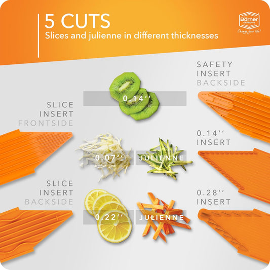 Mandoline Food Slicer Börner V1 (Profi Set) by Reston Lloyd • V-Slicer with 4 Inserts, Docking Station & Food Holder • Made in Germany • Fruit & Vegetable Chopper • Multiple Settings • Color: White