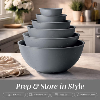 COOK WITH COLOR Mixing Bowls with Lids - 12 Piece Plastic Nesting Bowls Set includes 6 Prep Bowls and 6 Lids, Microwave Safe Mixing Bowl Set, Black Embossed - Colors A