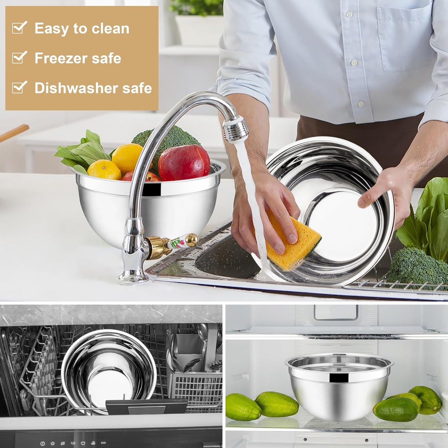 E-far Mixing Bowls with Lids, 6-Piece Stainless Steel Salad Bowls Metal Nesting Bowls for Baking Cooking and Prepping, Airtight Lids & Stackable Design, Size 4.5, 3, 1.5 QT (Black)