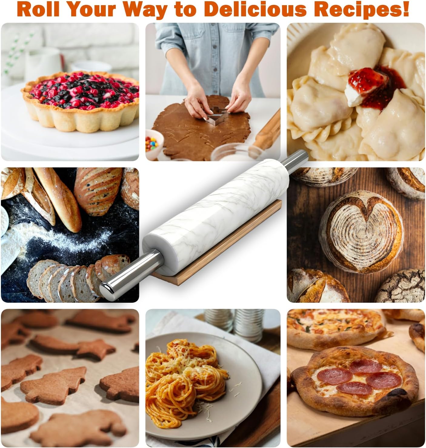 White Marble Rolling Pin with Stainless Steel Handles Baking Set - Silicone Baking Mat, Stainless Steel Dough Cutter, 3 Multicolor Thickness Guides & Wooden Base, Ideal for Pastry, Dough & Pizza