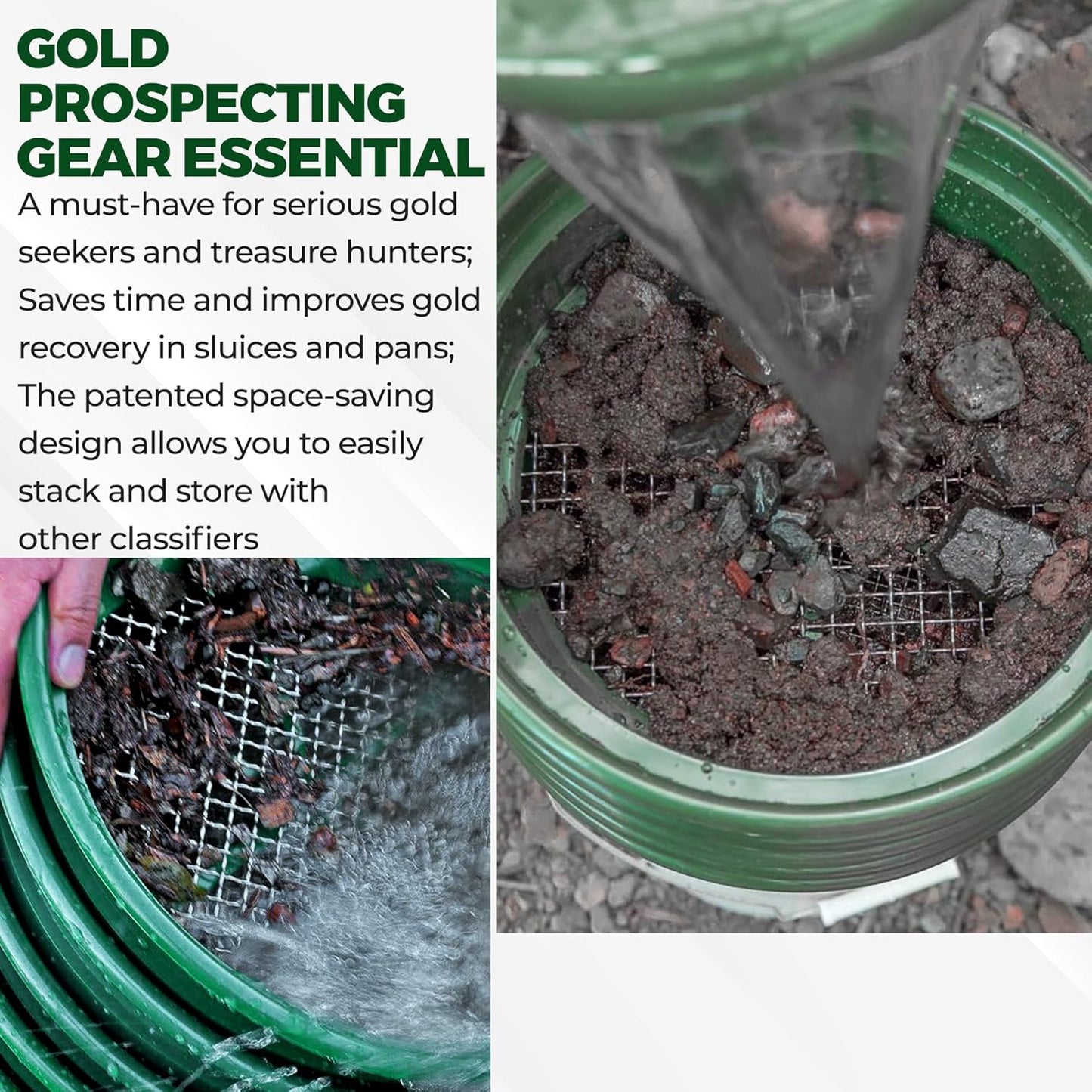 SE 13.25 Inch Wide Stackable Classifier Gold Prospecting Pan - 1/8 Inch Stainless Steel Mesh Sifting Pan, Green