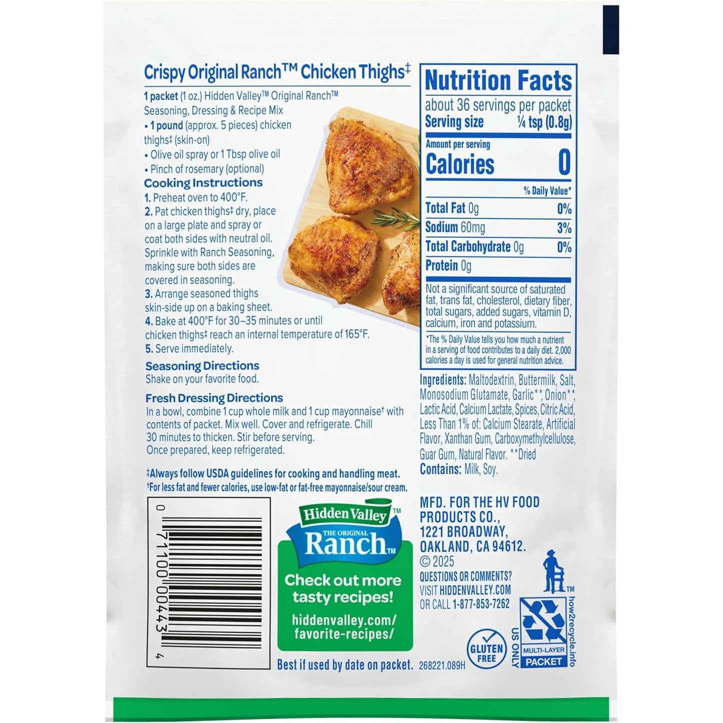 Hidden Valley Original Ranch Seasoning, Dressing and Recipe Mix, 1 Ounce (Package May Vary)