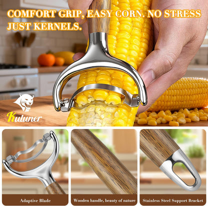 KULUNER Durable Stainless Steel Corn Peeler with Polished Wood Handle Corn on the Cob Stripper Kernel Remover Easy Use Corn Kernel Cutter Kitchen Gadget（Rosewood）