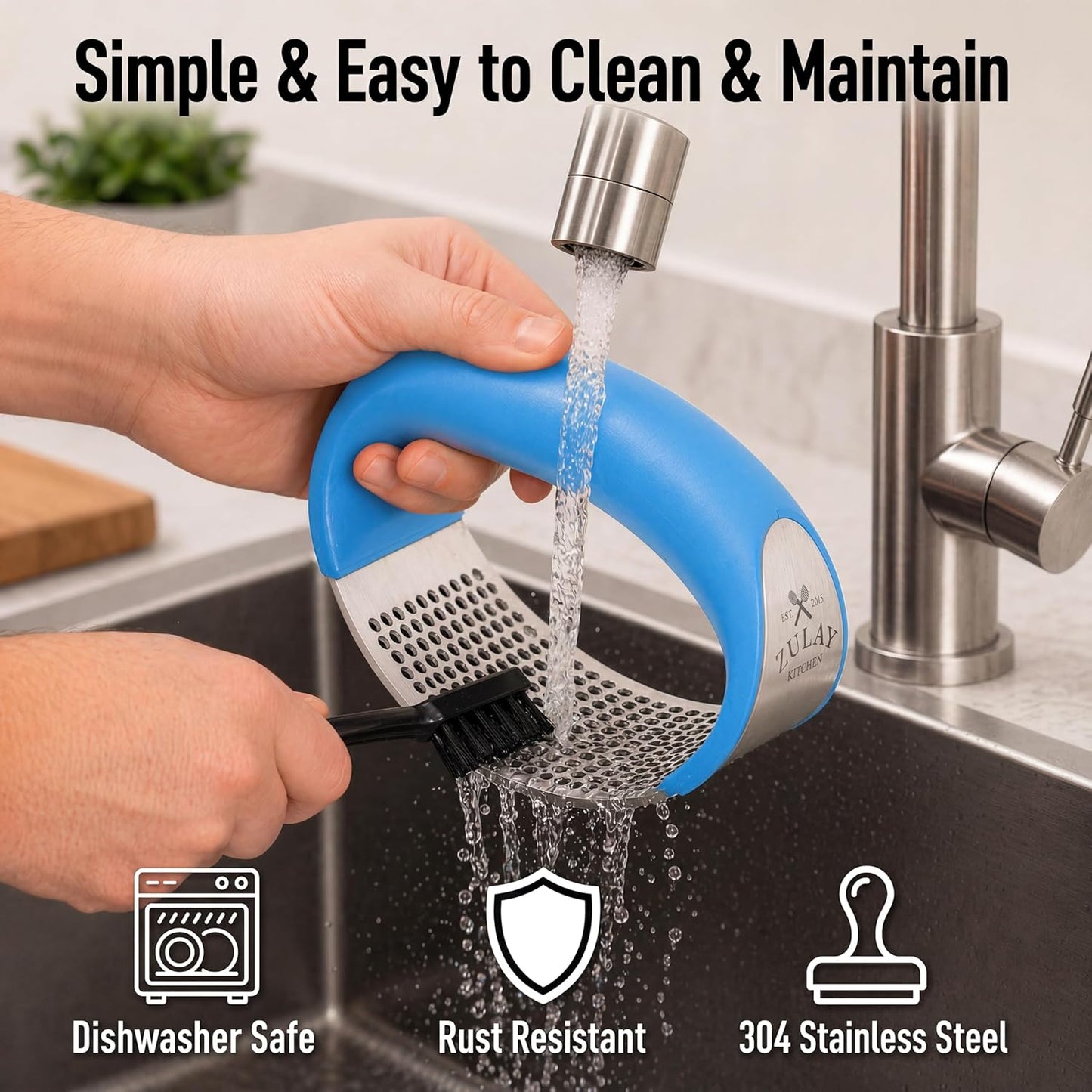 Zulay Kitchen Stainless Steel Garlic Press Rocker Set - Premium Garlic Mincer Garlic Crusher - New Innovative Garlic Crusher with Peeler and Scraper - Comfortable Grip (Black)