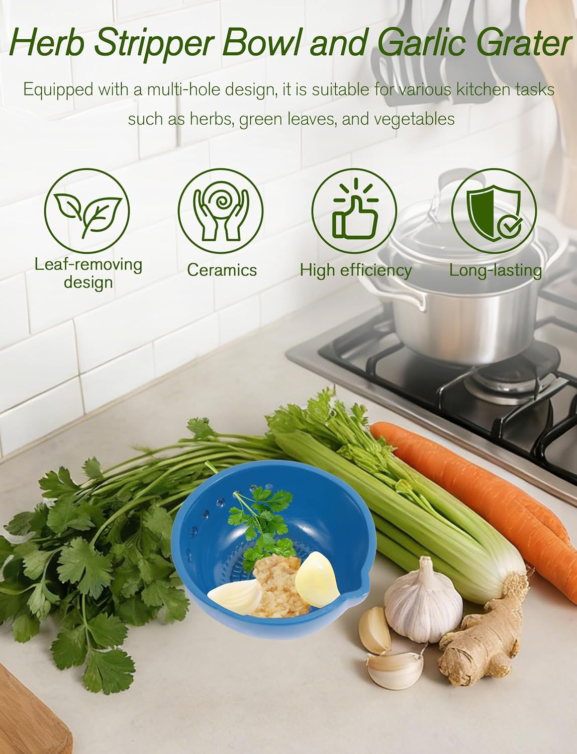 Herb Stripper & Garlic Grater, 2-In-1 7-Hole Design Herb Stripper Bowl, Built-in Garlic Grater Plate for Kale, Chard, Collard Greens, Thyme, Basil, Rosemary (Red)
