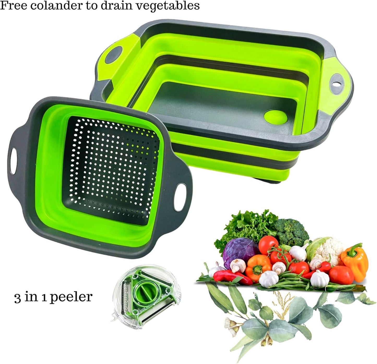 Collapsible Cutting Board 3-in-1 – Multifunctional Foldable Silicone Board with Washing Basket, Colander & Peeler, Perfect for BBQ, Picnic, and Camping| Green