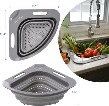 Collapsible Corner Colander – Space-Saving Over Sink Strainer, 3.5 Qt, Grey