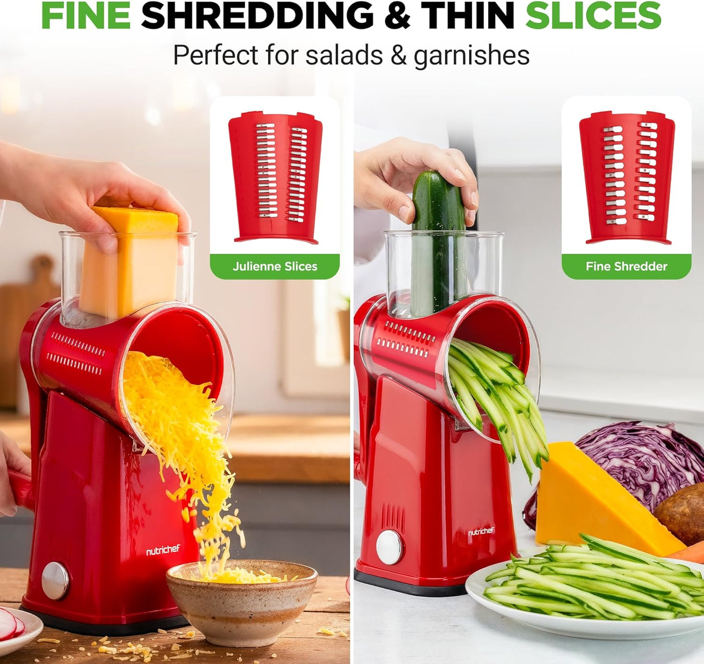 NutriChef 5 in 1 Cheese Grater & Shredder | 5 Different Blades for Thin, Thick, Julienne Strips, Wavy, & Straight Strips | Includes Hand Crank, Strong Suction Base & Storage Container | Black